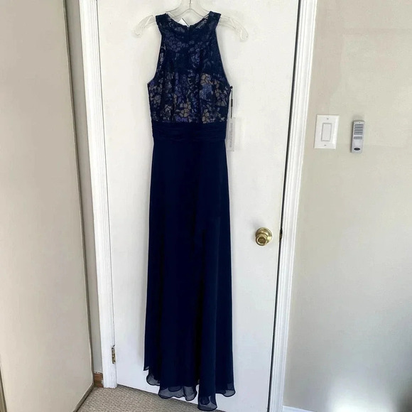 Calvin Klein Navy Blue High Neck Sleeveless Sequin Maxi Formal Gown Dress NWT - Picture 4 of 12